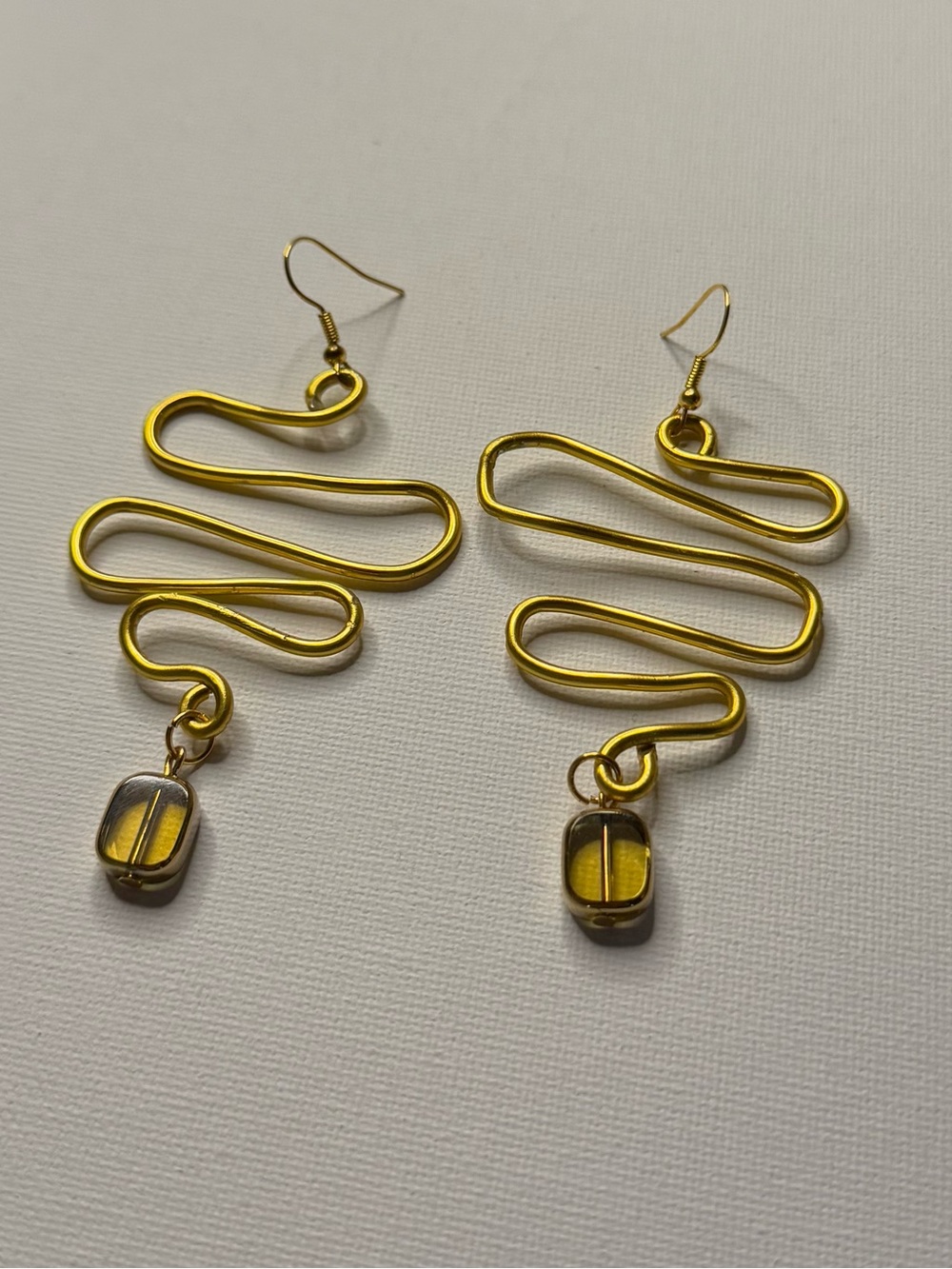 Gold Wire Swirl Earrings with Olive Green Glass Bead - Women Jewelry